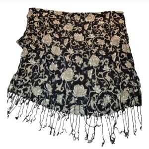 Large Boho Black Floral Large Scarf Or Wrap With Fringe Spring